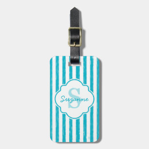 Étiquette À Bagage Girly Turquoise Peint Stripes Monogramme et nom