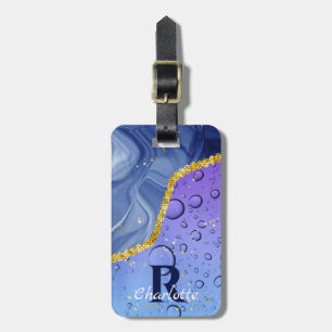 Étiquette À Bagage Glam Aqua Blue Water Droplets Ombre   Monogramme