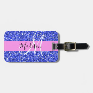 Étiquette À Bagage Glam Bleu Foncé Rose Paillettes Paillettes Monogra