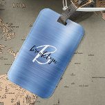 Étiquette À Bagage Glam Bleu Métal brossé Noir Blanc Monogramme<br><div class="desc">Cette élégante étiquette de bagage personnalisée comporte un monogramme et un prénom en écriture moderne noir et blanc sur un arrière - plan en métal brossé bleu glam.</div>
