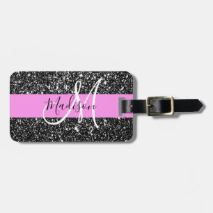 Étiquette À Bagage Glam Chic Rose Noir Paillettes Paillettes Nom Mono