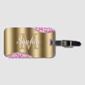 Étiquette À Bagage Glam Diamonds Fuchsia, Monogramme Or, Nom du scrip (Devant Horizontal)