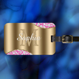 Étiquette À Bagage Glam Diamonds Fuchsia, Monogramme Or, Nom du scrip