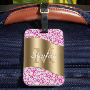 Étiquette À Bagage Glam Diamonds Fuchsia, Monogramme Or, Nom du scrip