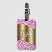 Étiquette À Bagage Glam Diamonds Fuchsia, Monogramme Or, Nom du scrip (Devant Vertical)