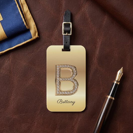 Étiquette À Bagage Glam Gold Diamant Monogramme Lettre Initiale B