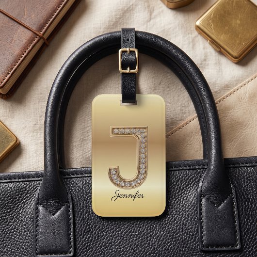 Étiquette À Bagage Glam Gold Diamant Monogramme Lettre Initiale J