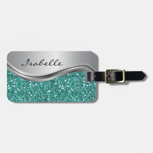 Étiquette À Bagage Glam Parties scintillant Turquoise argent métal pe (Devant horizontal)