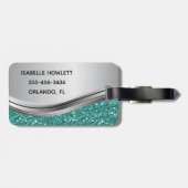 Étiquette À Bagage Glam Parties scintillant Turquoise argent métal pe (Dos horizontal)