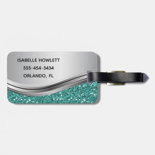 Étiquette À Bagage Glam Parties scintillant Turquoise argent métal pe (Dos horizontal)