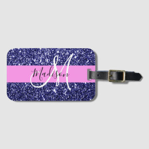 Étiquette À Bagage Glam Rose Bleu Nuit Paillettes Paillettes Nom Mono