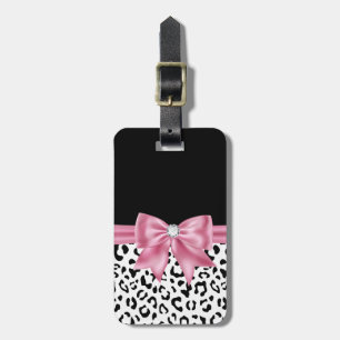 Étiquette À Bagage Glam rose Bow Diamond Black Snow Leopard