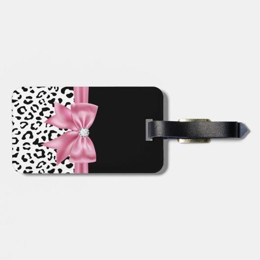 Étiquette À Bagage Glam rose Bow Diamond Black Snow Leopard (Dos horizontal)