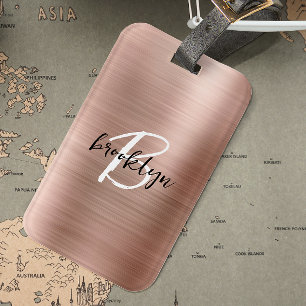 Étiquette À Bagage Glam Rose Gold Métal Brossé Monogramme Noir Blanc 