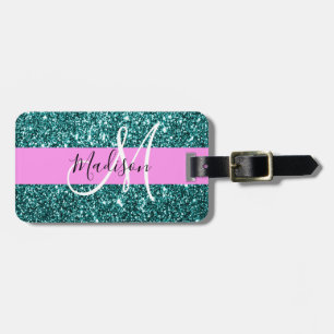 Étiquette À Bagage Glam Rose Sarcelle Vert Paillettes Étincelle Monog