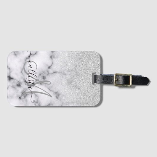 Étiquette À Bagage Glamorous Silver White Glitter Marble Gradient (Devant Horizontal)