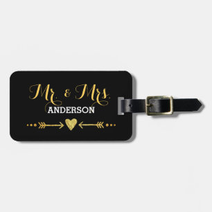 Étiquette À Bagage Glamour Gold Heart Arrow Black Mariage Mr & Mrs.