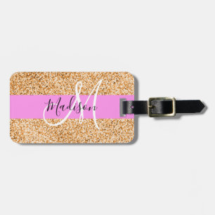 Étiquette À Bagage Glamour Rose & Cuivre Paillettes Monogramme Nom