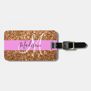 Étiquette À Bagage Glamour Rose & Cuivre Paillettes Monogramme Nom