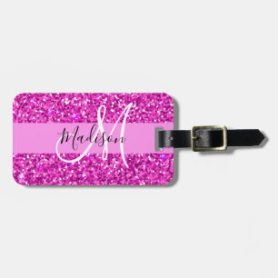 Étiquette À Bagage Glamour Rose & Magenta Paillettes Étincelles Monog