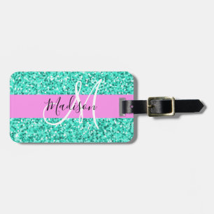 Étiquette À Bagage Glamour Rose Turquoise Paillettes Étincelles Monog