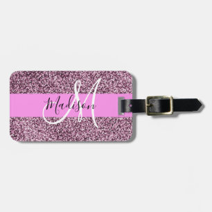 Étiquette À Bagage Glamour Rose & Violet Paillettes Monogramme Nom