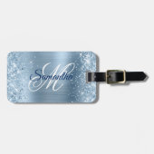 Étiquette À Bagage Glitter Bleu clair Foil Fancy Monogramme (Devant horizontal)