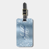 Étiquette À Bagage Glitter Bleu clair Foil Fancy Monogramme (Devant Vertical)