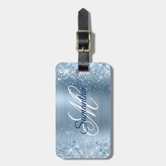 Étiquette À Bagage Glitter Bleu clair Foil Fancy Monogramme (Devant Vertical)