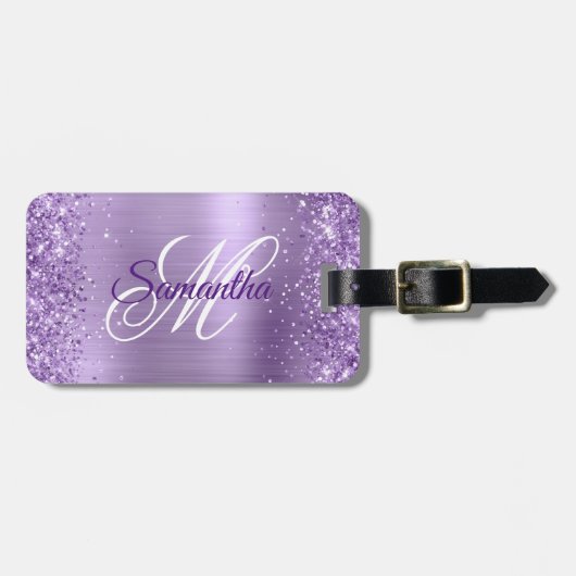Étiquette À Bagage Glitter Lumière Violet Huile Fancy Monogramme (Devant horizontal)