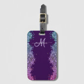 Étiquette À Bagage Glitter Modern Monogram Purple Teal Blue Shiny (Devant Vertical)