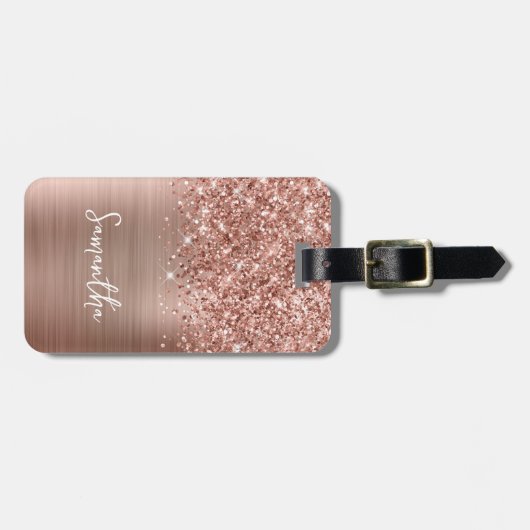 Étiquette À Bagage Glitter Rose Gold Glam Nom du script (Devant horizontal)