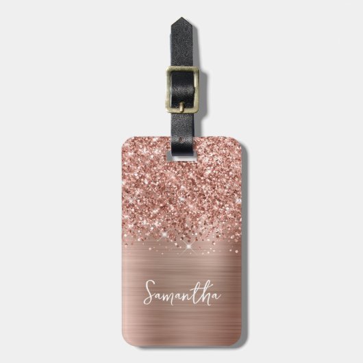 Étiquette À Bagage Glitter Rose Gold Glam Nom du script (Devant Vertical)