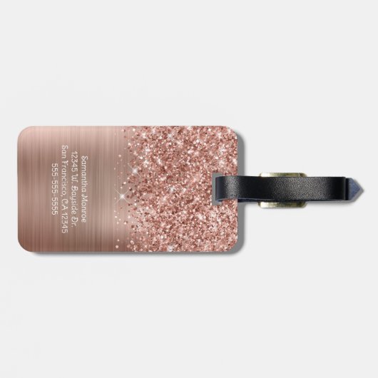 Étiquette À Bagage Glitter Rose Gold Glam Nom du script (Dos horizontal)
