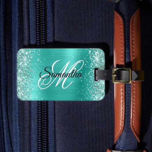 Étiquette À Bagage Glitterie Turquoise Foil Fancy Monogramme (Insitu Rectoal 4)