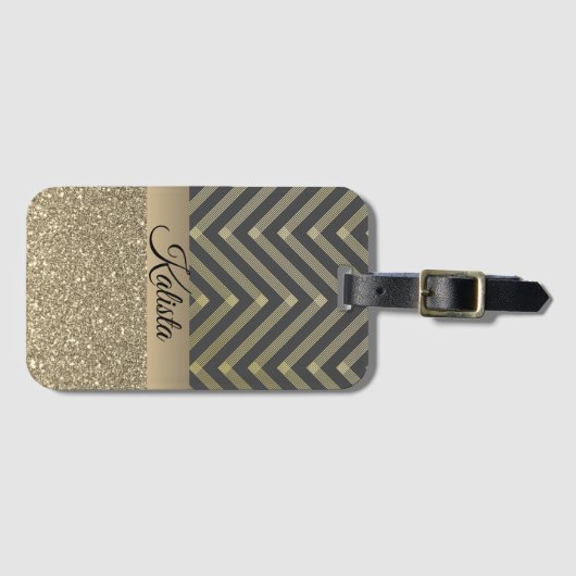 Étiquette À Bagage Glittery Gold et Black Chevron Personnalisé (Devant Horizontal)