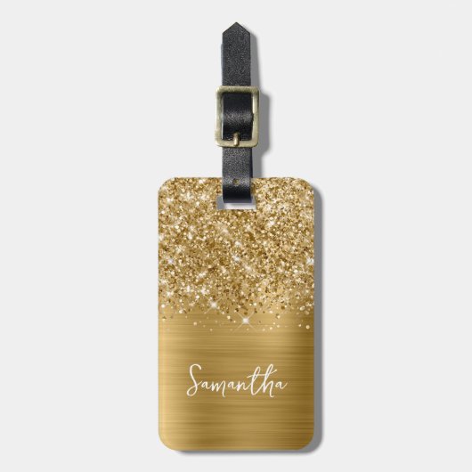 Étiquette À Bagage Glittery Gold Glam Nom du script (Devant Vertical)