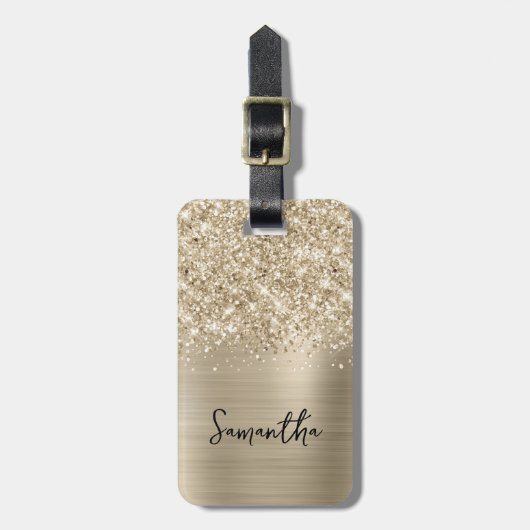 Étiquette À Bagage Glittery Pale Gold Glam Script Name (Devant Vertical)