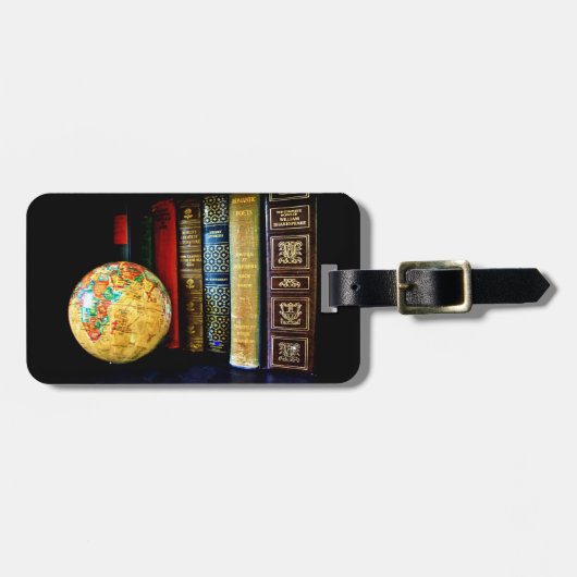 Étiquette À Bagage Globe et livres vintages (Devant horizontal)