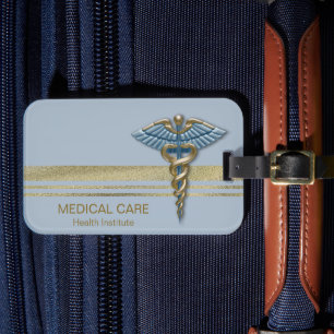 Étiquette À Bagage Gold Faux Foil Stripes Médicale Bleu clair Caduceu