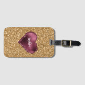 Étiquette À Bagage Gold Glitter Burgundy Red Heart Love (Devant Horizontal)
