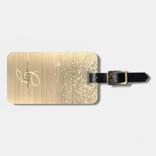 Étiquette À Bagage Gold Glitter & Monogram, Black Script Name (Devant horizontal)