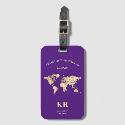 Étiquette À Bagage Gold World Map Monogram Voyageur Royal Purple (Devant Vertical)
