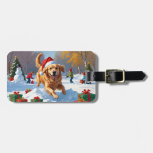 Étiquette À Bagage Golden Retriever dans la neige avec un chapeau de