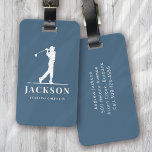 Étiquette À Bagage Golfeur de Monogramme Personnalisé Bleu<br><div class="desc">Ce design est composé d'un golfeur qui balance un club et de deux champs de texte que vous pouvez utiliser pour le personnaliser - peut-être avec un nom et une équipe de golf ou un club.</div>