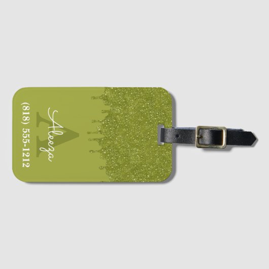 Étiquette À Bagage Gouttes de paillettes de monogramme vert olive (Devant Horizontal)