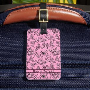Étiquette À Bagage Grand motif fleuri rose nom personnalisé