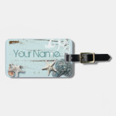 Étiquette À Bagage Grange côtière bois aqua bleu étoile coquillages (Devant horizontal)