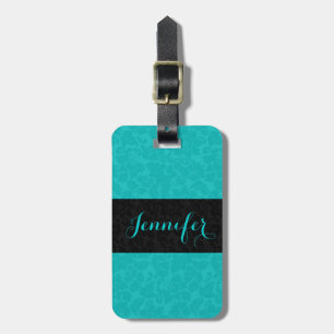 Étiquette À Bagage Gras Elegant noir & turquoise Damas florales 2