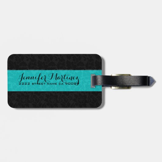 Étiquette À Bagage Gras Elegant noir & turquoise Damas florales 2 (Dos horizontal)